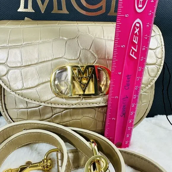 MCM Mode Travia Crossbody Bag Gold Croco Embossed with 24K Gold Plated Logo NWT